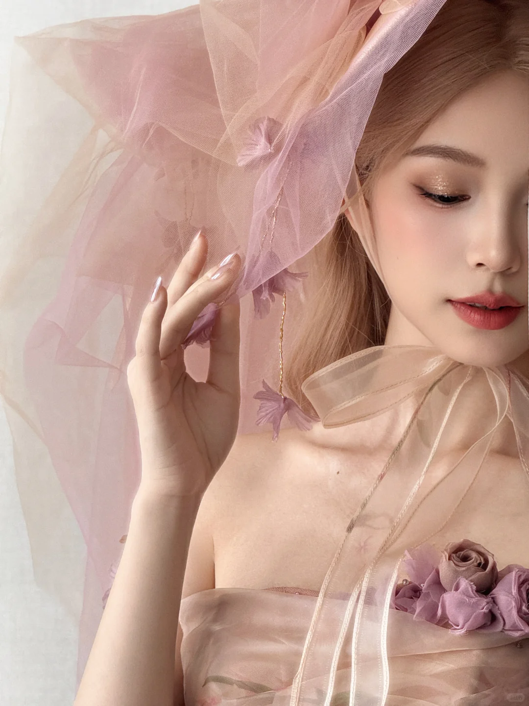 Strapless Pink Peach Tulle Ball Gown 3D Floral Prom Dress NV7122