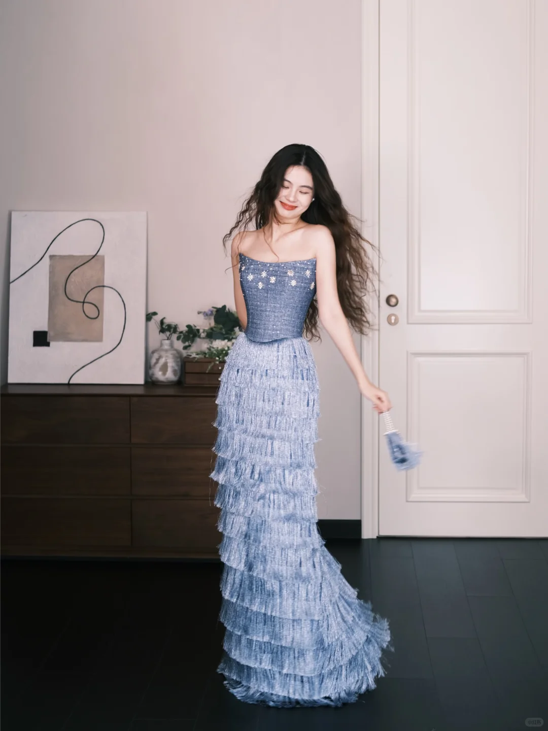 Strapless Dusty Blue Fringe Mermaid Prom Dress, Rhinestone Embellished Evening Gown NV7330