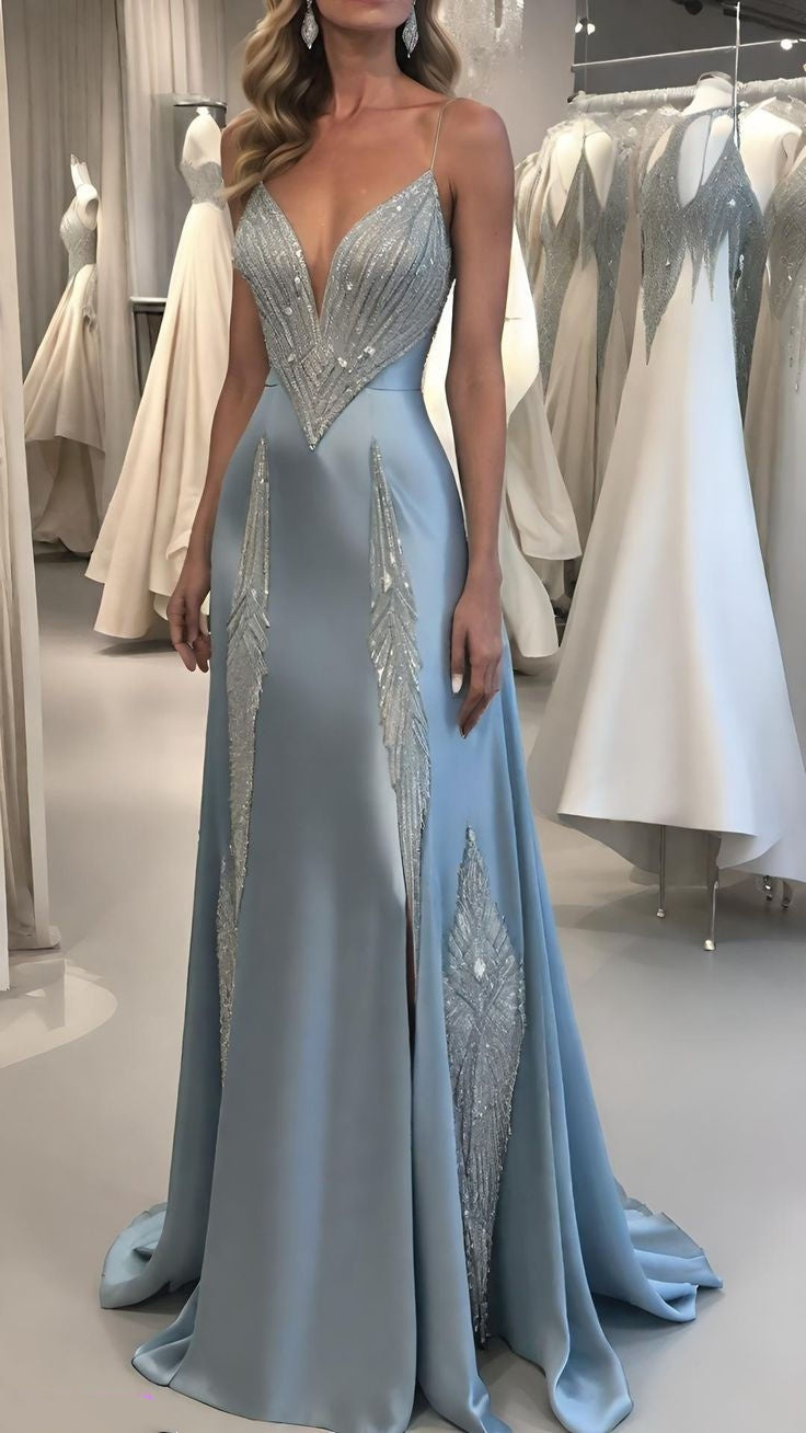 Light blue gorgeous beaded shiny sexy elegant mermaid bodycon long floor-length evening gown prom dress party dress wedding dress nv5116