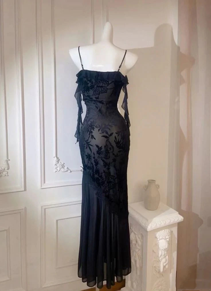 Schwarzes Spaghettiträger-Spitzen-Meerjungfrauen-Abendkleid, sexy, langes Ballkleid, Partykleid, nv1985