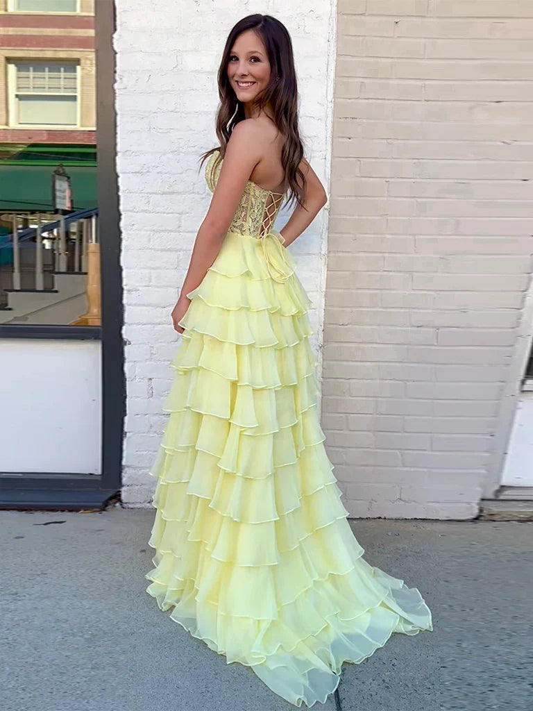 Gelbes langes Ballkleid aus Chiffon mit herzförmigem Ausschnitt und Spitze, gelbes Abendkleid nv1521