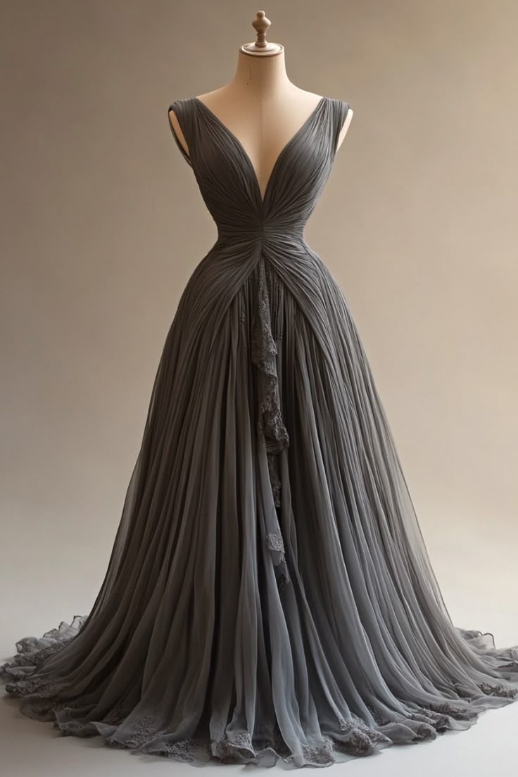 Graues, schlichtes, elegantes, langes Ballkleid aus Tüll mit Feenmotiv, nv4842