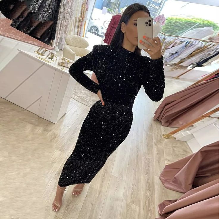 Schwarzes, glänzendes Paillettenkleid mit langen Ärmeln, Ballkleid, Abendkleid, Partykleid, NV3193