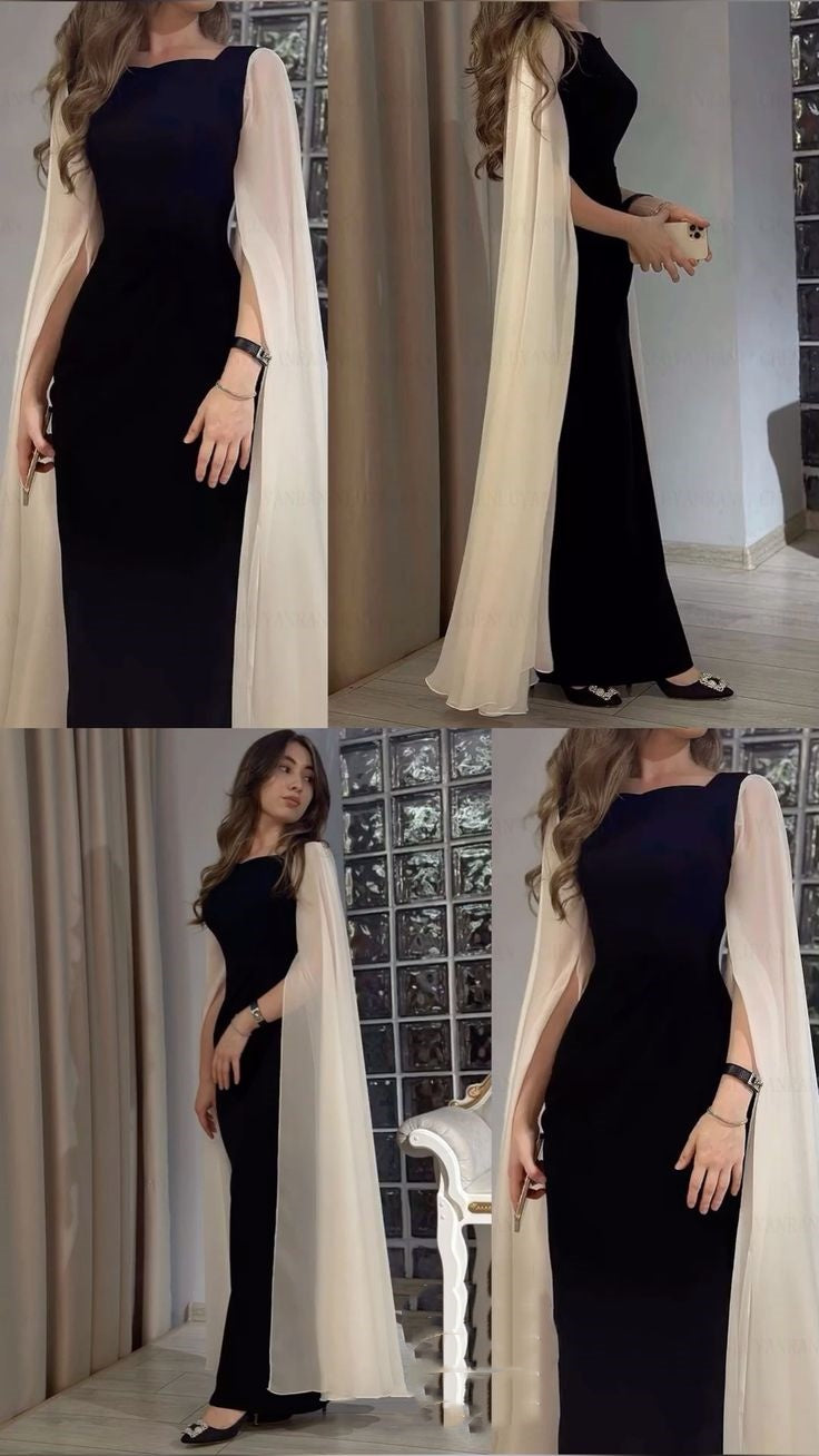 Schwarz-weißes, schlichtes, elegantes weißes, langes Ballkleid mit Tüllärmeln, Abendkleid, Partykleid, NV2439