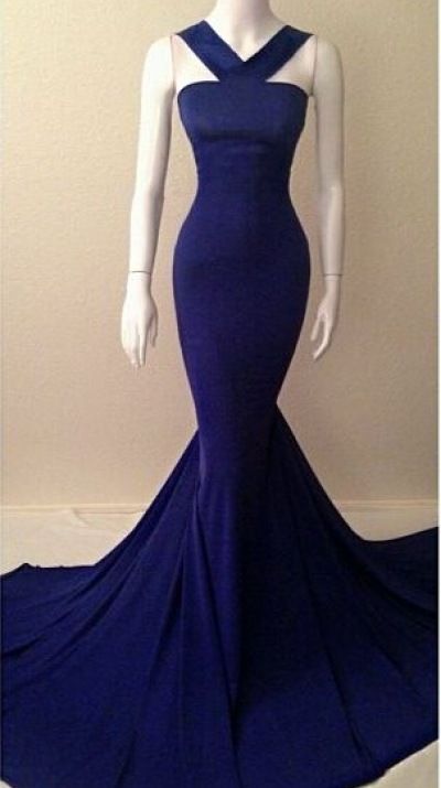 Blaues, modisches, langes Meerjungfrau-Abendkleid mit Kreuzgurten und schmalem Satin-Bodenlanger Schleppe, Ballkleid, Abendkleid, Partykleid, nv3603