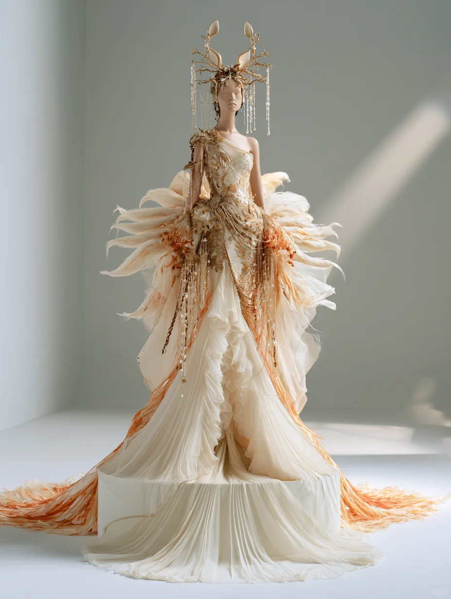 Ivory Gold One Shoulder Feather Wing Mermaid Fantasy Gown NV7476