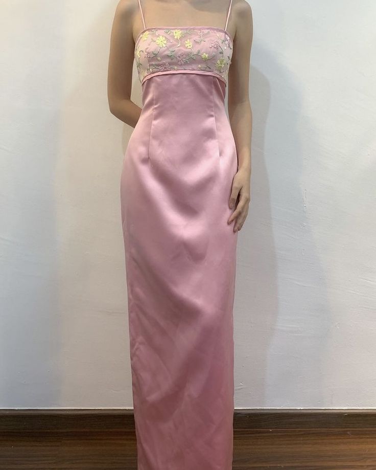 Rosa Elegante Mode Exquisite Floral Spaghetti Strap Lange Satin Bodenlangen Ballkleid Abendkleid Partykleid nv3742