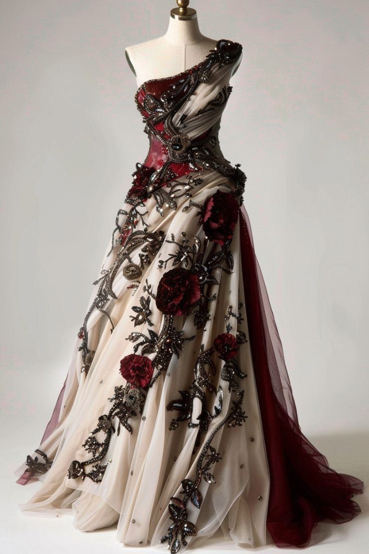Weißes Vintage Abendkleid mit zarter Blumenapplikation und einer Schulter aus langem Tüll, Ballkleid, NV3384