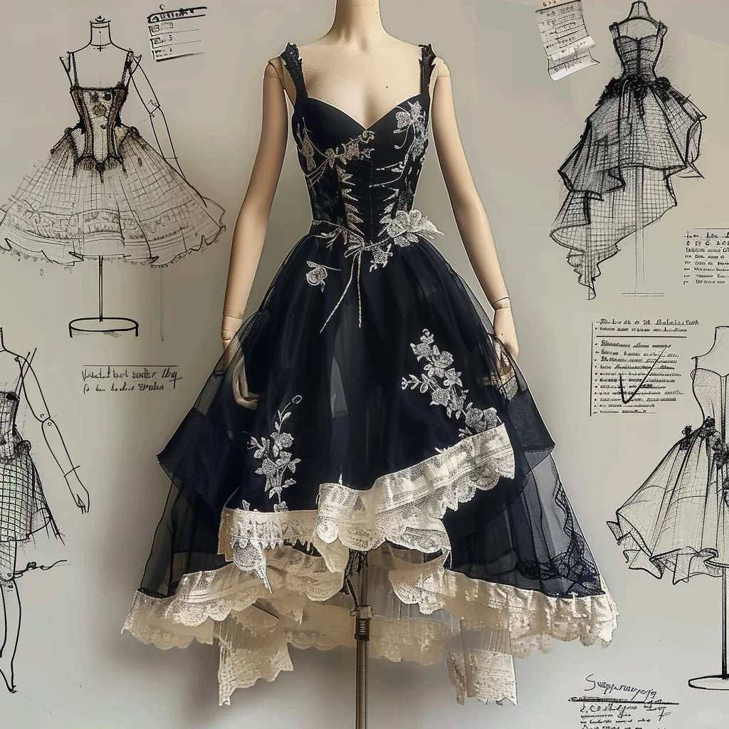 Schwarzes und weißes, geblümtes, langes Tüll-Heimkehrkleid mit mehrlagigen Rüschen, Feen-Geburtstagspartykleid, Prinzessinnen-Ballkleid, Abendkleid, NV4548