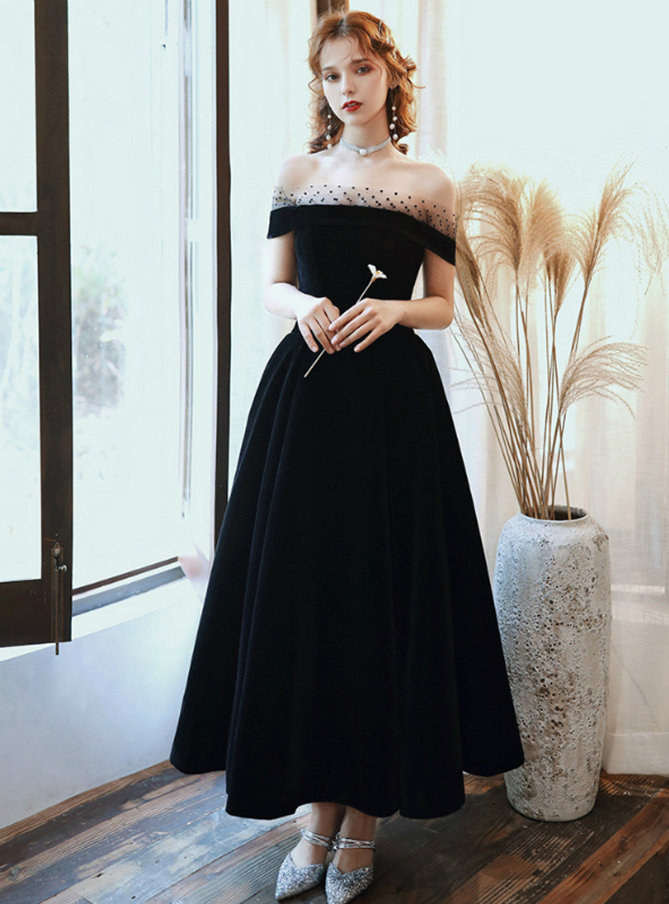 A-Linie, schulterfrei, kurzes Ballkleid, Abendkleid, Partykleid, Schwarz, Samt, nv2268