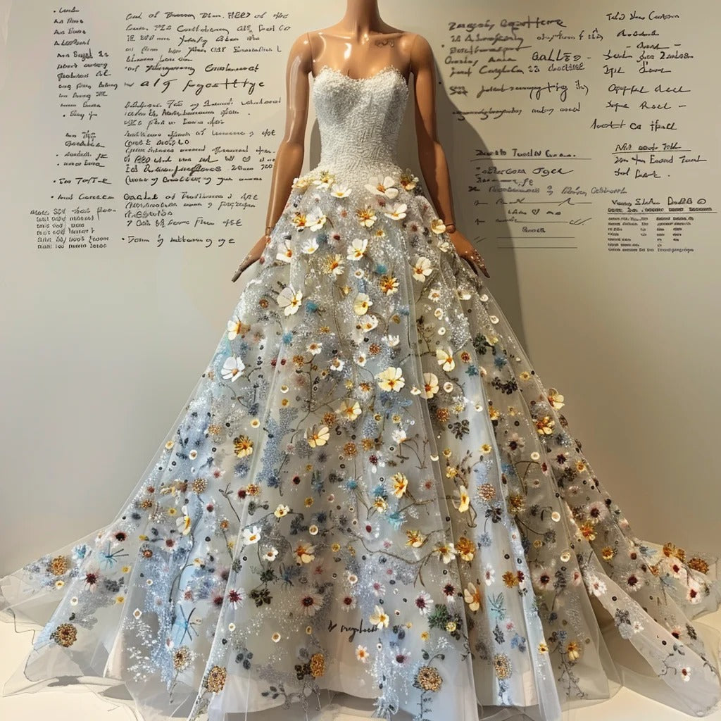 Weißes, geblümtes, glänzendes, langes Tüll-Feen-Ballkleid, Abendkleid, Brautkleid nv4549