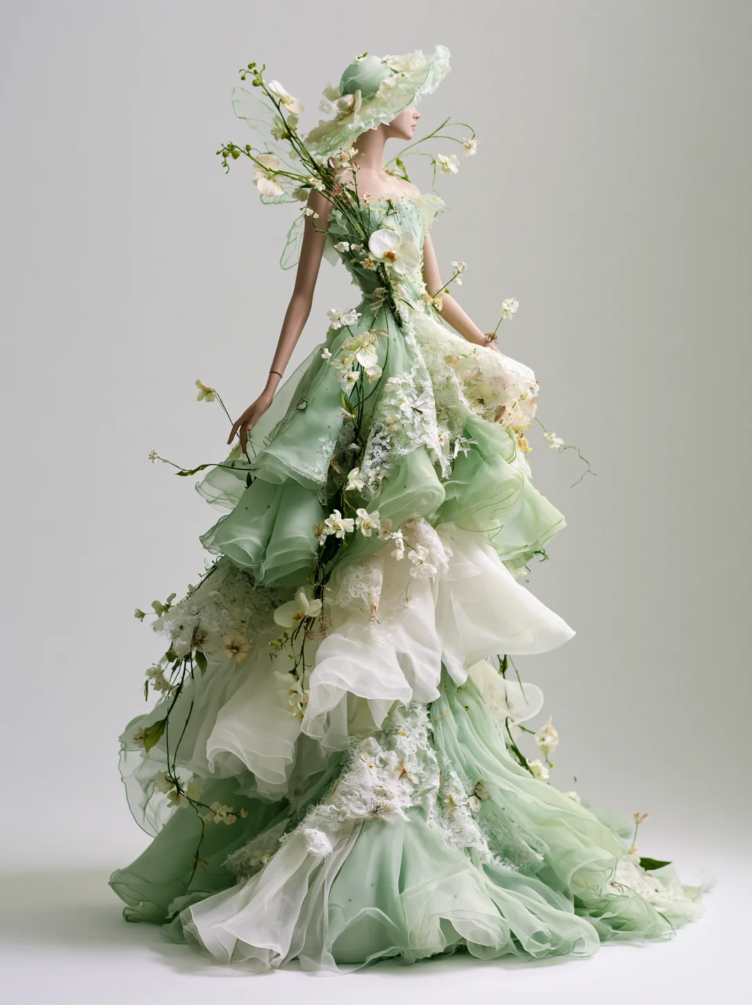 Sage Green Off Shoulder 3D Orchid Lace Organza Fairy Ball Gown NV7466