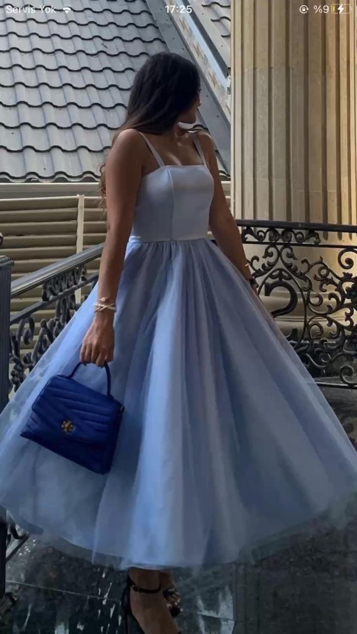 Blaue Träger, modisch, süß, mittellang, Tüll, Homecoming-Kleid, Ballkleid, Abendkleid, Geburtstags-/Ferienpartykleid, NV3197