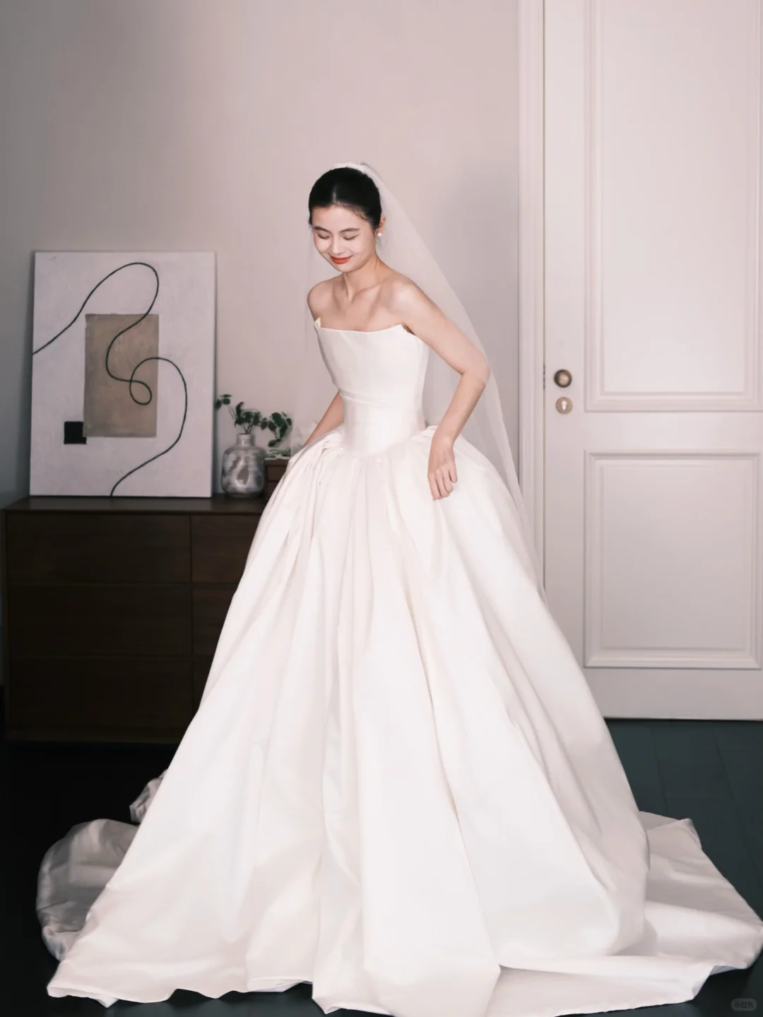 Strapless Satin Wedding Gown, Minimalist A Line Bridal Dress with Long Train NV7348
