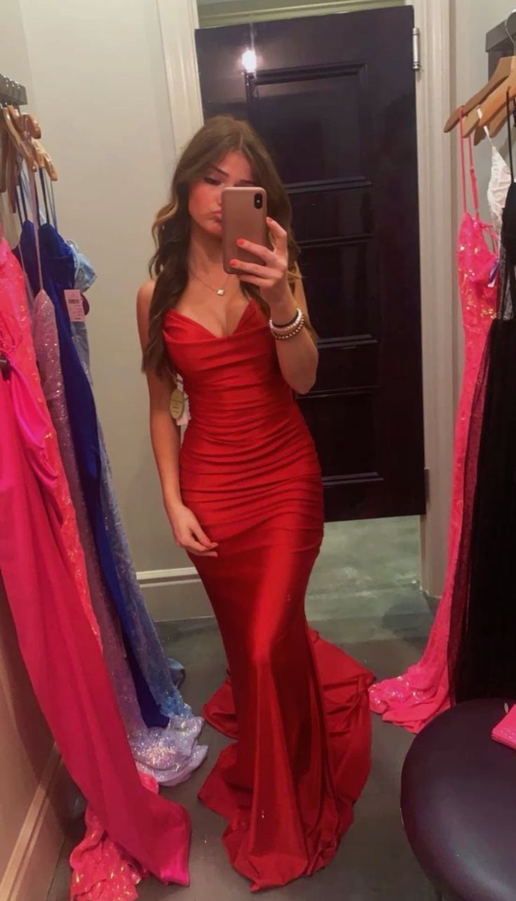 Rot Sexy Spaghettiträger V-Ausschnitt Ärmellos Meerjungfrau Satin Lange Schleppende Ballkleid Abendkleid Partykleid nv2455