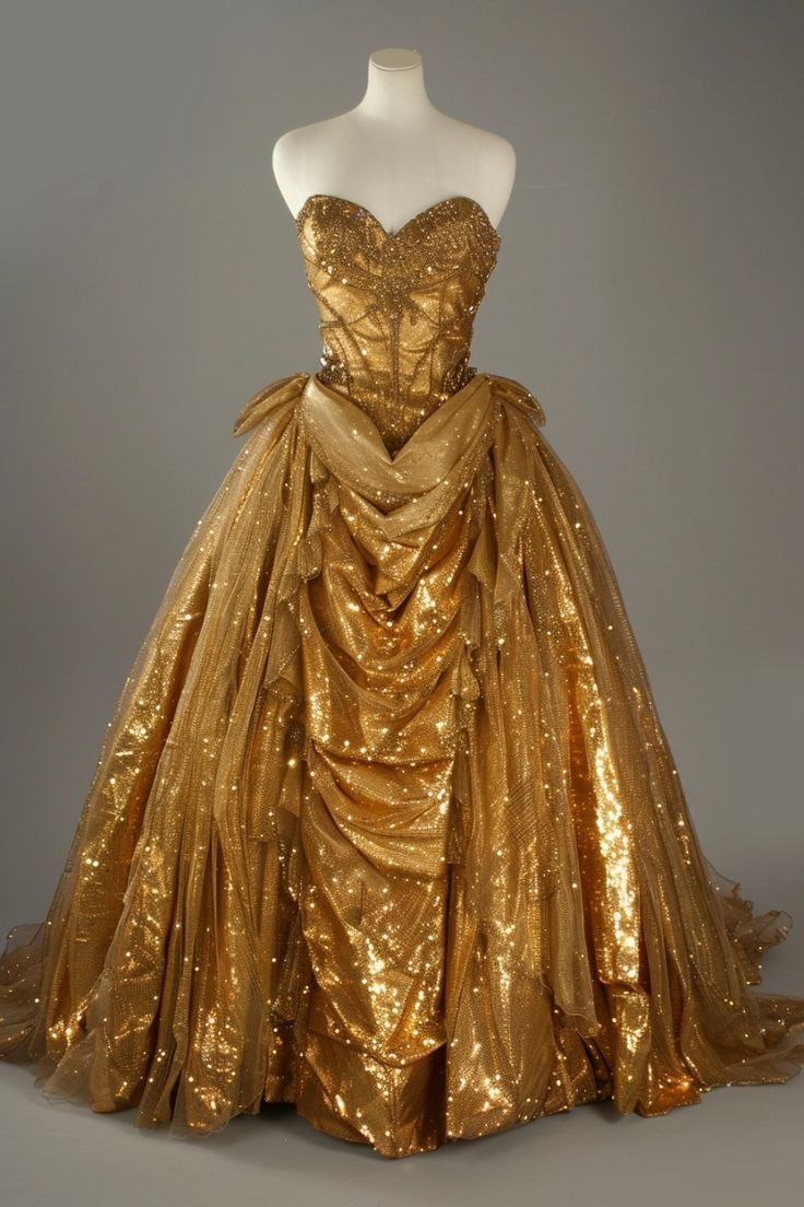 Wunderschönes, stilvolles, langes, bodenlanges Ballkleid aus Satintüll in Gold, NV5057