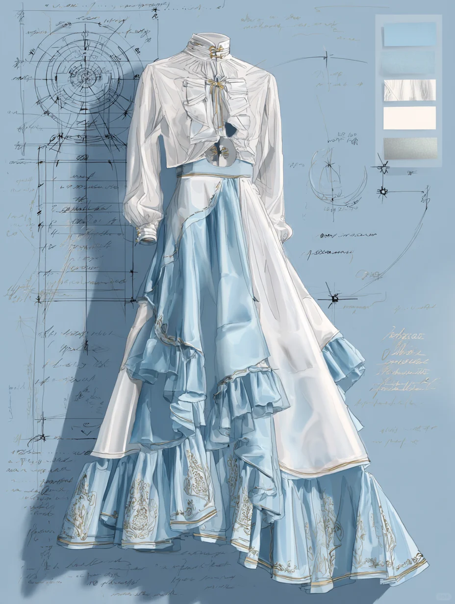 Vintage Asymmetric Tiered Ruffle Two Piece Maxi Gown with Gold Embroidery NV7394