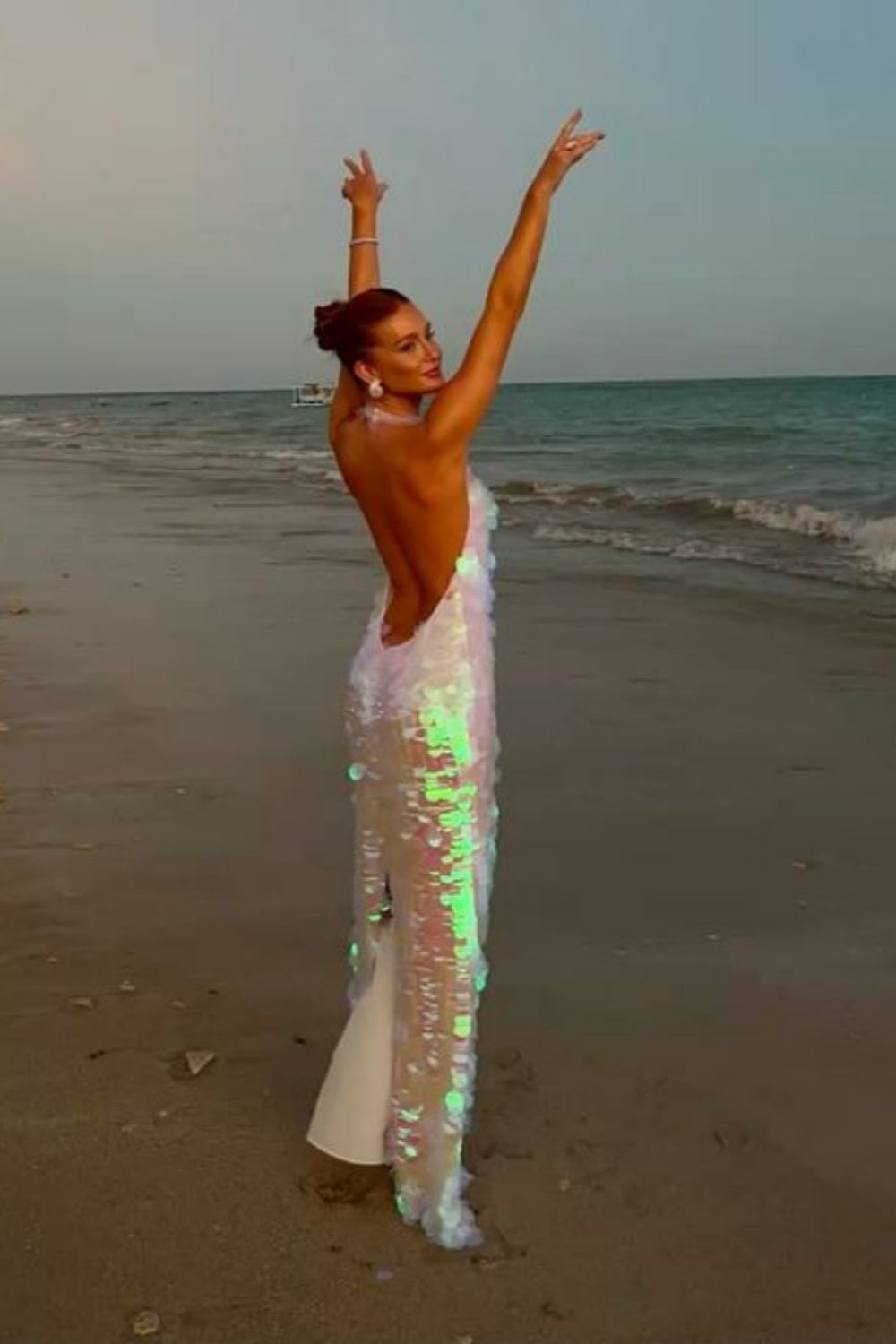Robe de soirée longue rose à paillettes brillantes et dos nu, robe de soirée d'anniversaire nv5291