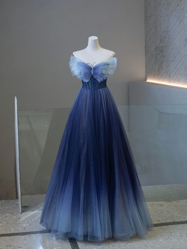Marineblau wunderschöne Mode Farbverlauf exquisite Perlen Schmetterling A-Linie Pailletten lange Tüll elegante bodenlange Ballkleid Abendkleid nv3818