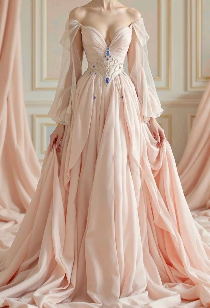 Light Pink Palace-style Off-the-shoulder Gown: Gemstone Waist Trim, Sheer Sleeve, Wedding Evening Fairy Maxi Dress NV6422