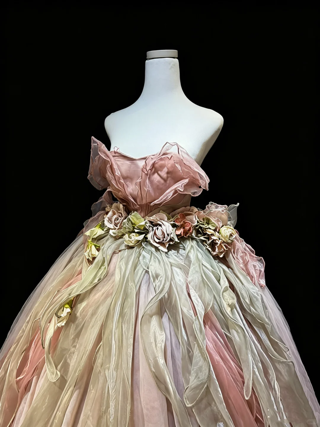 Dusty Pink Strapless Princess Ball Gown 3D Petal Hand Flowers Flowy Organza Tulle Long Evening Gown NV7015