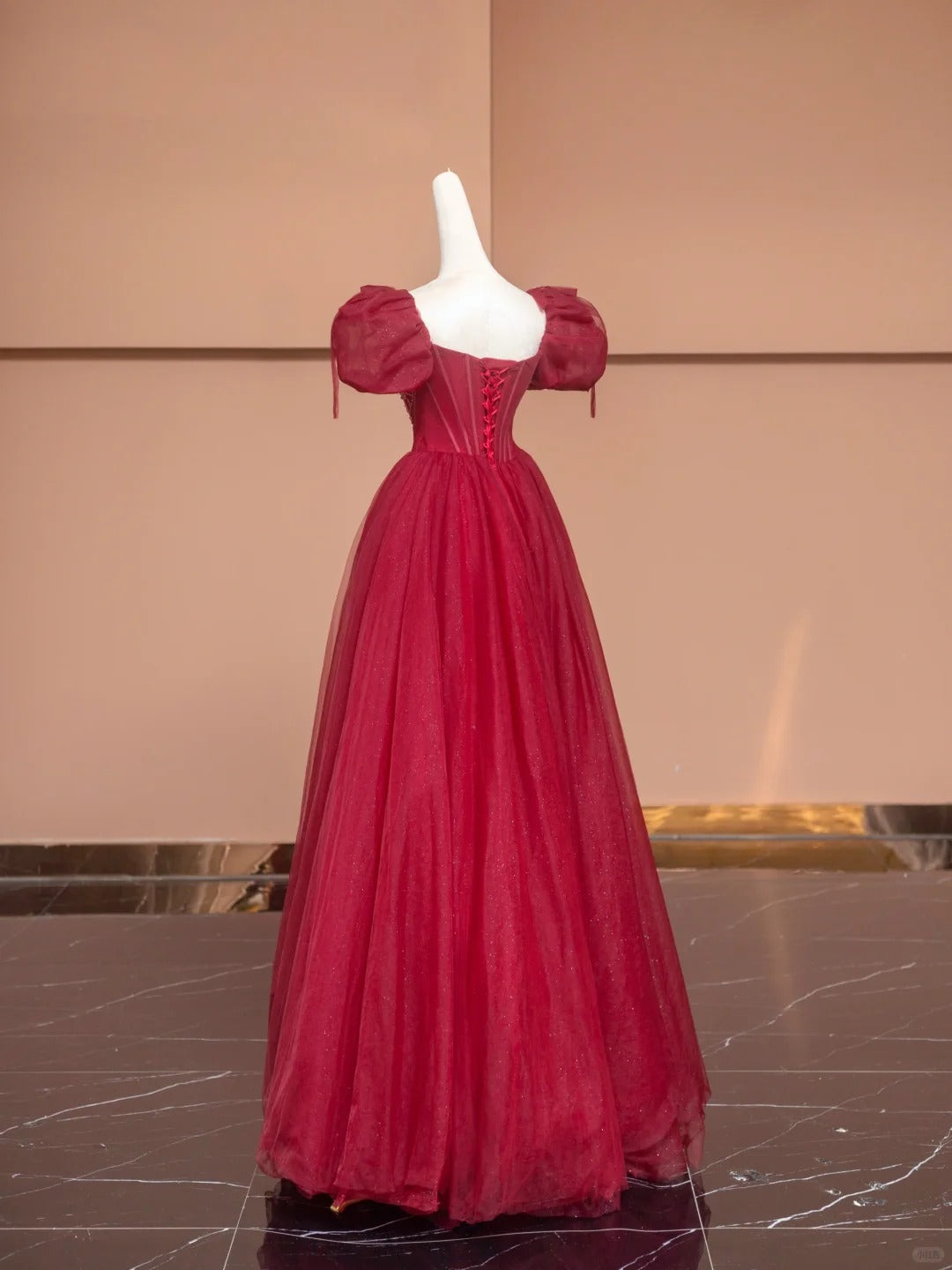 Rotes Vintage Exquisites langes Tüll-Abschlussballkleid mit Perlenbesatz, Abendkleid, Partykleid, Ballkleid, nv4729
