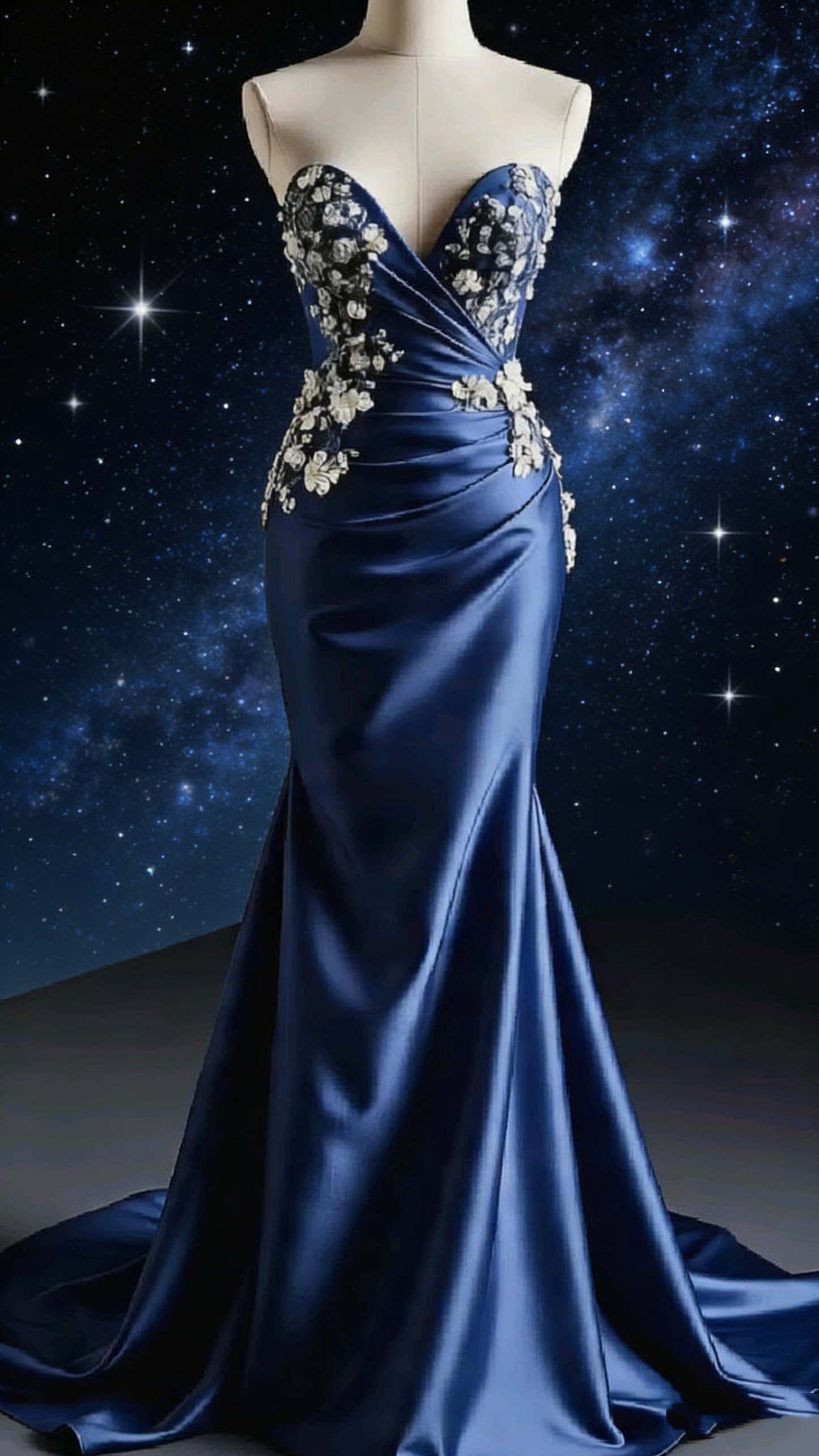 Deep Sea Blue Strapless Beaded Gown - Floral Knot Corset Mermaid Train Evening/Red Carpet/Date Maxi Dress NV6821