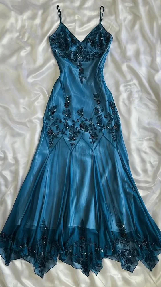 Robe de soirée élégante en mousseline de soie, col en V, bleu, magnifique, à fleurs, perles, robe de bal, robe de soirée, nv4581