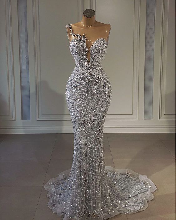 Silber Pailletten Bodenlange Meerjungfrau Lange Ärmelloses Ballkleid Partykleid Abendkleid nv2067
