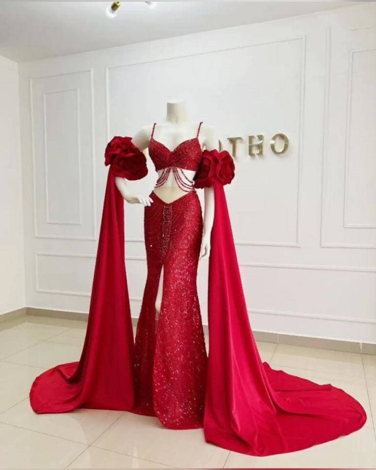Rote glänzende Pailletten Spaghettiträger langer Schlitz Slim Fit zweiteiliges Ballkleid Abendkleid Partykleid nv3254