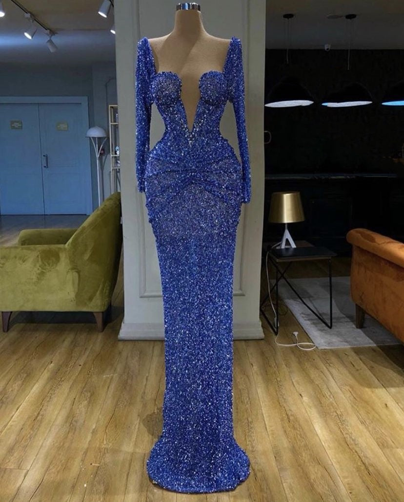 Robe de soirée sirène longue et élégante, bleu, perlée, brillante, sexy, longueur au sol, robe de bal, robe de soirée, nv5110