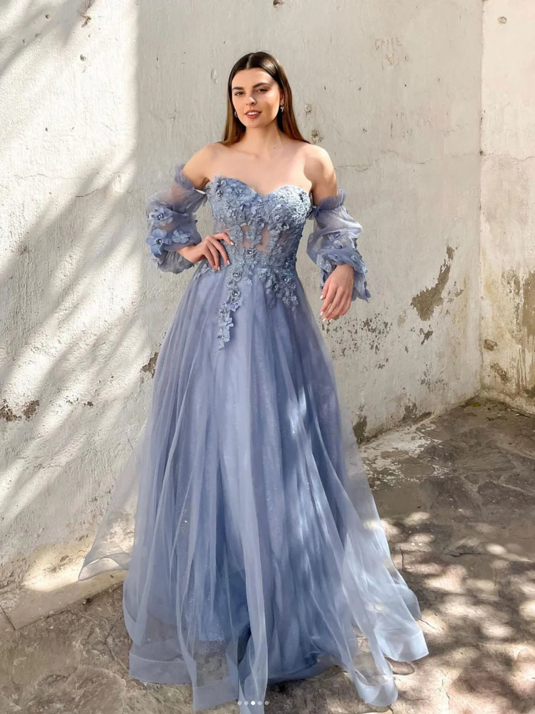 A-Linie Herzausschnitt Tüll Grau Blau Spitze Langes Ballkleid, Grau Blau Formelle Abendkleid nv1526
