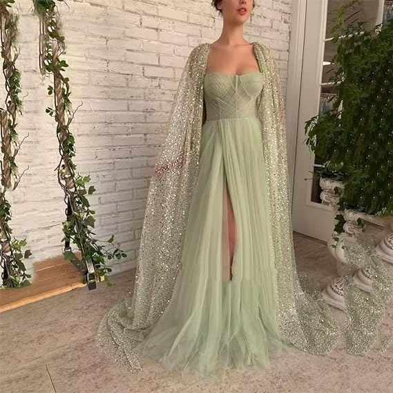 Damen Tüll Ballkleider mit Cape Partykleid mit Seitenschlitz nv1573