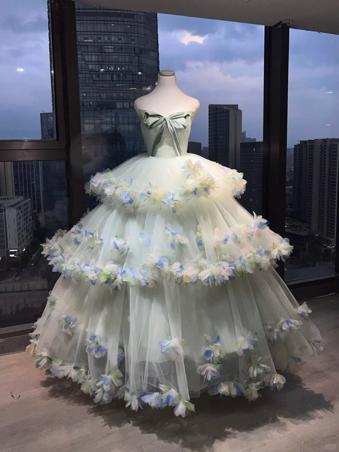 Strapless Light Sage Green Princess Ball Gown Big Bow Tiered Tulle 3D Petals Formal Prom Dress NV6980
