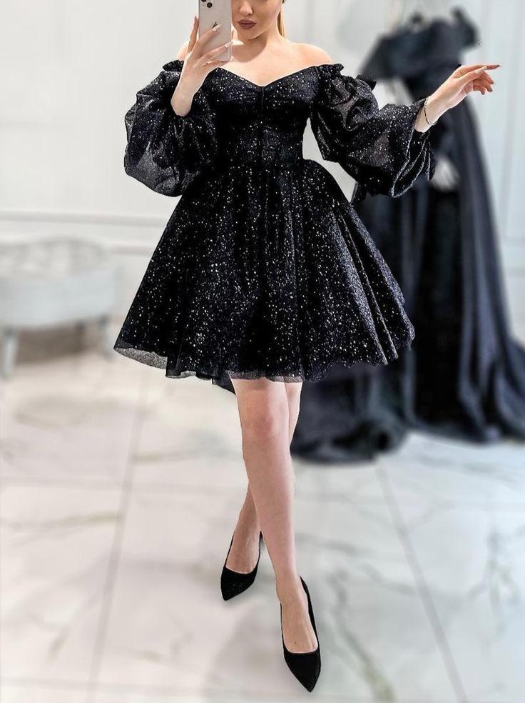Schwarzes, glänzendes, modisches, kurzes Homecoming-Kleid, Weihnachts-, Urlaubs-/Geburtstagspartykleid nv3073