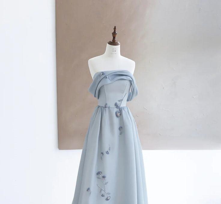 Grau Blau Elegante Perlen Lange Tüll Ballkleid Abendkleid Urlaub Party Kleid nv3089