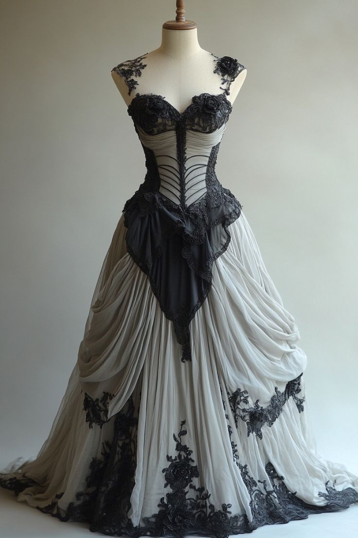 Elfenbeinschwarzes Ballkleid mit herzförmigem Ausschnitt und floraler Spitze, elegant, lang, Feen-Tüll, nv4846