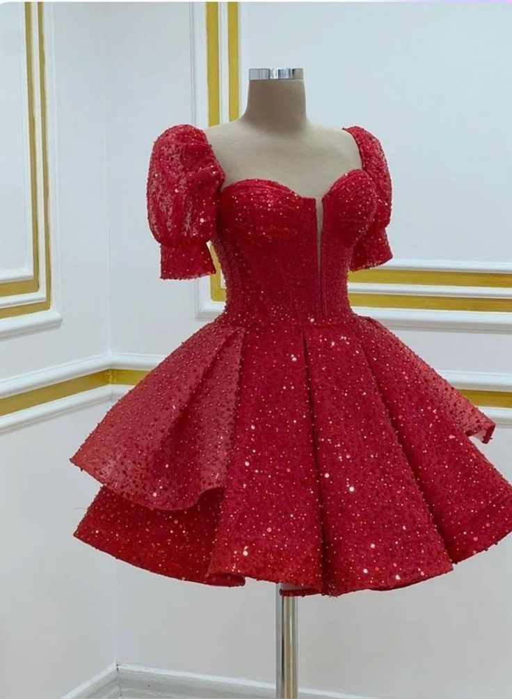 Rotes, modisches, glänzendes, kurzärmliges, mit Pailletten verziertes, kurzes Mini-Homecoming-Kleid, Partykleid, nv3025