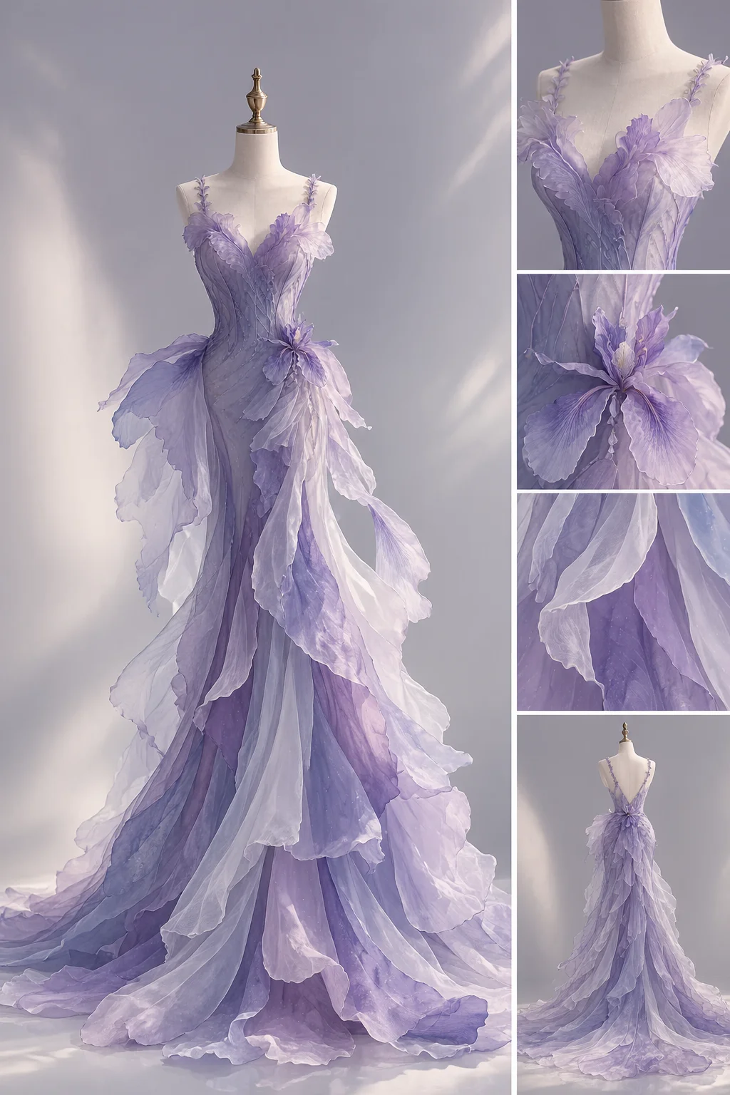 Purple Ombre 3D Floral Petal Mermaid Prom Dress, V Neck Spaghetti Strap Long Train Evening Gown NV7446
