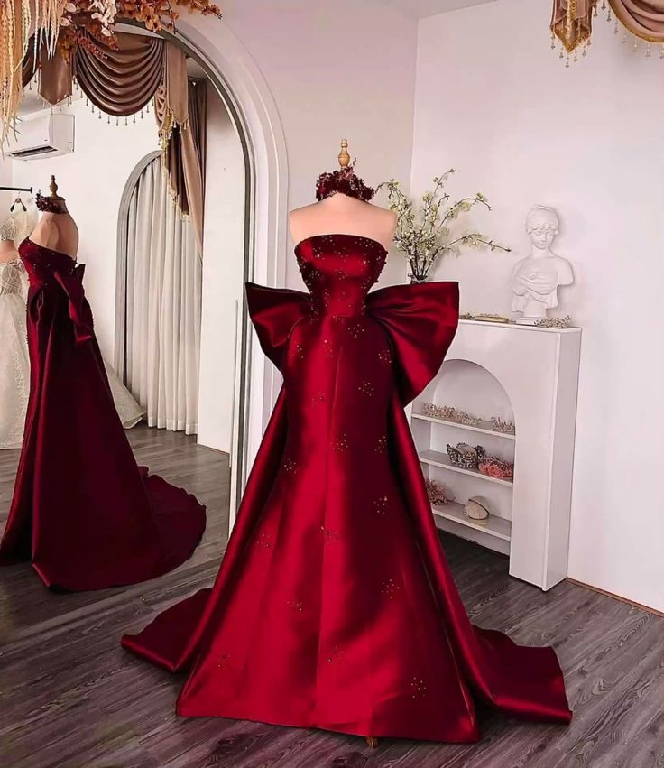 NiceVestidos - Robe bustier en satin bordeaux avec grand nœud et magnifique traîne pour banquet NV5757