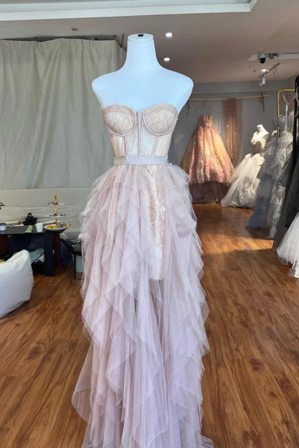 Langes, rosafarbenes Tüll-Abendkleid NV6651