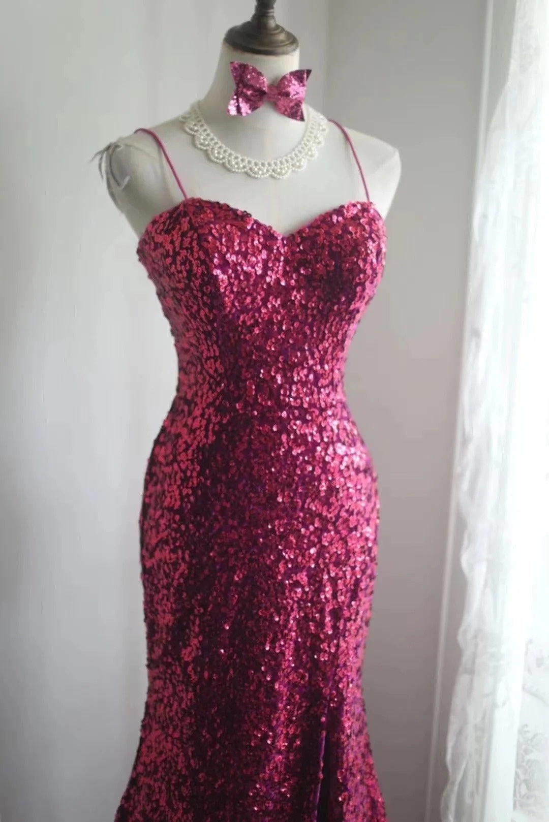 Pinkfarbenes, glitzerndes, langes, enges Kleid NV6583
