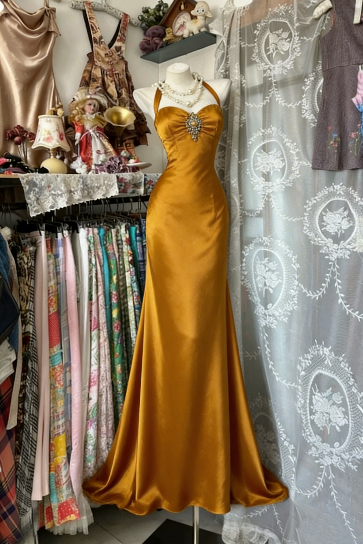 Elegantes langes Retro-Satinkleid NV6658