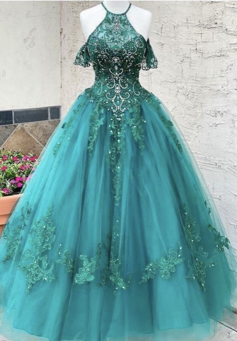 NiceVestidos-Türkisfarbenes, bodenlanges Ballkleid aus Tüll und Spitze mit Neckholder-Ausschnitt und kurzen Ärmeln, NV6167