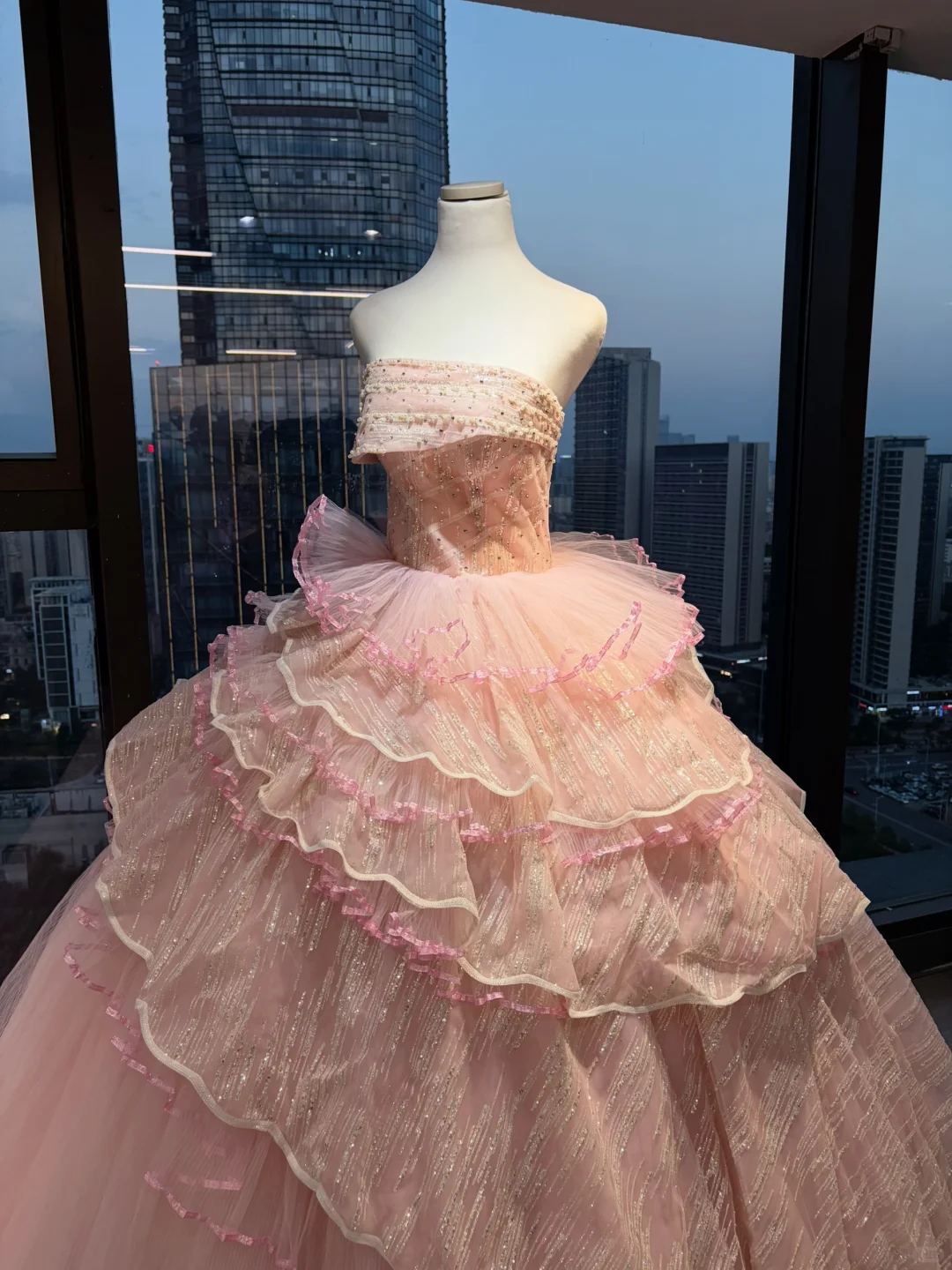 Strapless Pink Prom Dress Hand Beaded Sequin Tiered Glitter Tulle Cake Ball Gown NV7055