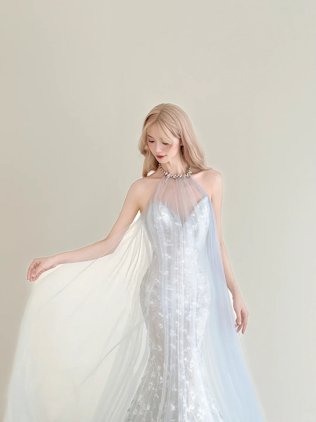 Light Ice Blue Halter Mermaid Prom Gown Sequin Embroidery Detachable Tulle Cape NV7173