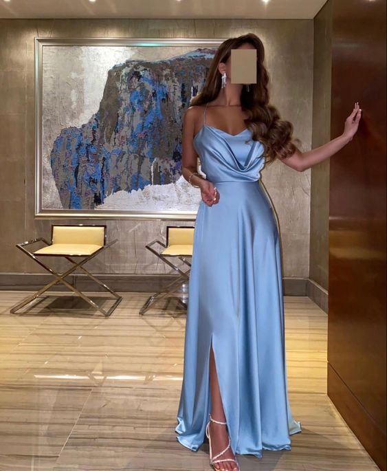 Blaues Spaghettiträger-Abendkleid, schlichtes, elegantes, langes Brautjungfernkleid, NV2740