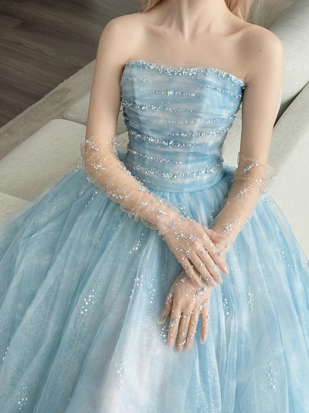 Ice Blue Strapless Glitter Tulle Ball Gown Prom Dress With Beading NV7139