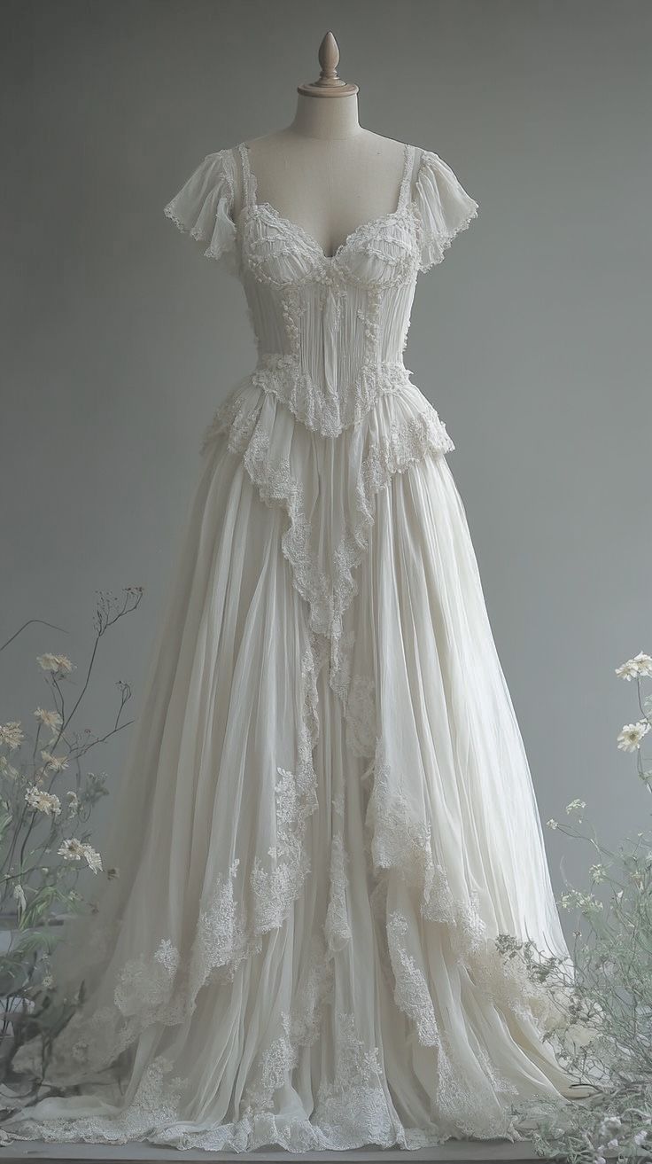 Ivory French Retro Lace Wedding Dress: Deep V Ruched, Layered , Handmade Heavy-duty Bridal Gown NV6419