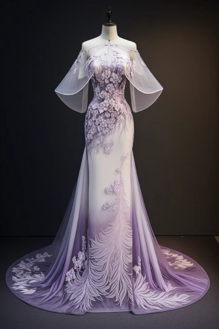 Lila Wunderschöne Retro Mode Elegante Blumenapplikation A-Linie Lange Tüll Bodenlangen Schwanz Abendkleid Ballkleid nv3833